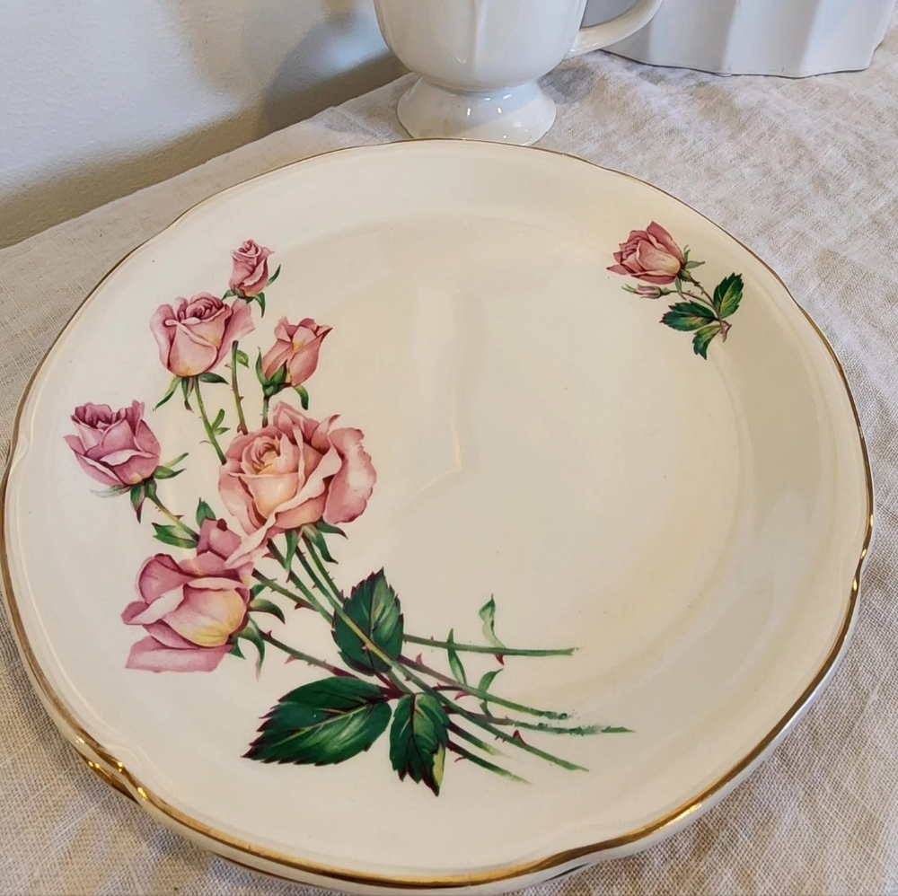 Vintage 9-inch Rose Bouquet Plates with 22 -karat gold trim.